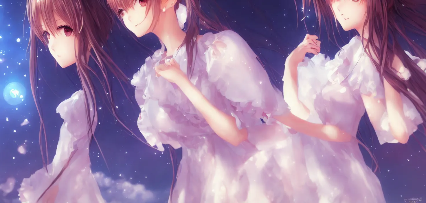 Image similar to portrait two beautiful anime girls wear coctail dress closeup | | sunny night, full moon, dreamlike art, realistic shaded, smile, good looking, hyper details, 4 k realistic, cryengine, realistic shaded lighting poster by artgerm, ross tran, fuji choko, 8 k resolution, trending on artstation, luxury