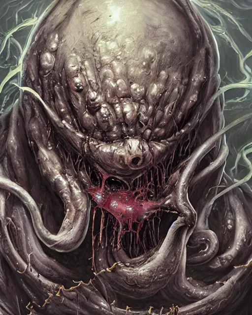 Image similar to Dark fantasy Painting of a hulking muscular EXTRATERRESTRIAL flesh creature covered in boils with fish eyes with drool dripping from its mouth, hr giger muscles, tentacles growing from its face, disgusting, creepy, unsettling, horror, upper body, intricate, wild, highly detailed, digital painting, artstation, concept art, smooth, sharp focus, illustration, art by artgerm and greg rutkowski and alphonse mucha