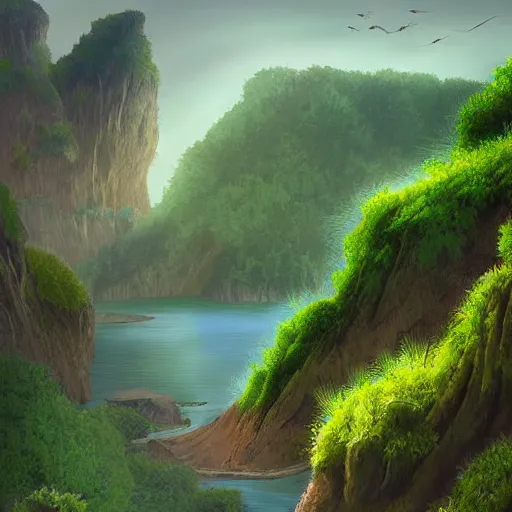 Prompt: digital painting of a lush natural scene on an alien planet by vincent. beautiful landscape. weird vegetation. cliffs and water. featured on deviantart.