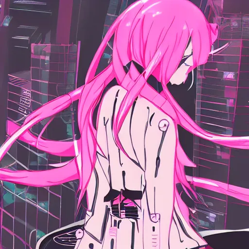 Prompt: pink and black world, anime, cute, aesthetic, future, cyberpunk