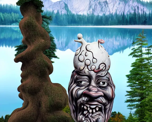 Prompt: a massive porcelain sculpture on a mountain lake of bob ross's face spewing a little happy tree from his mouth, in the style of johnson tsang, funny sculpture, lucid dream series, oil on canvas