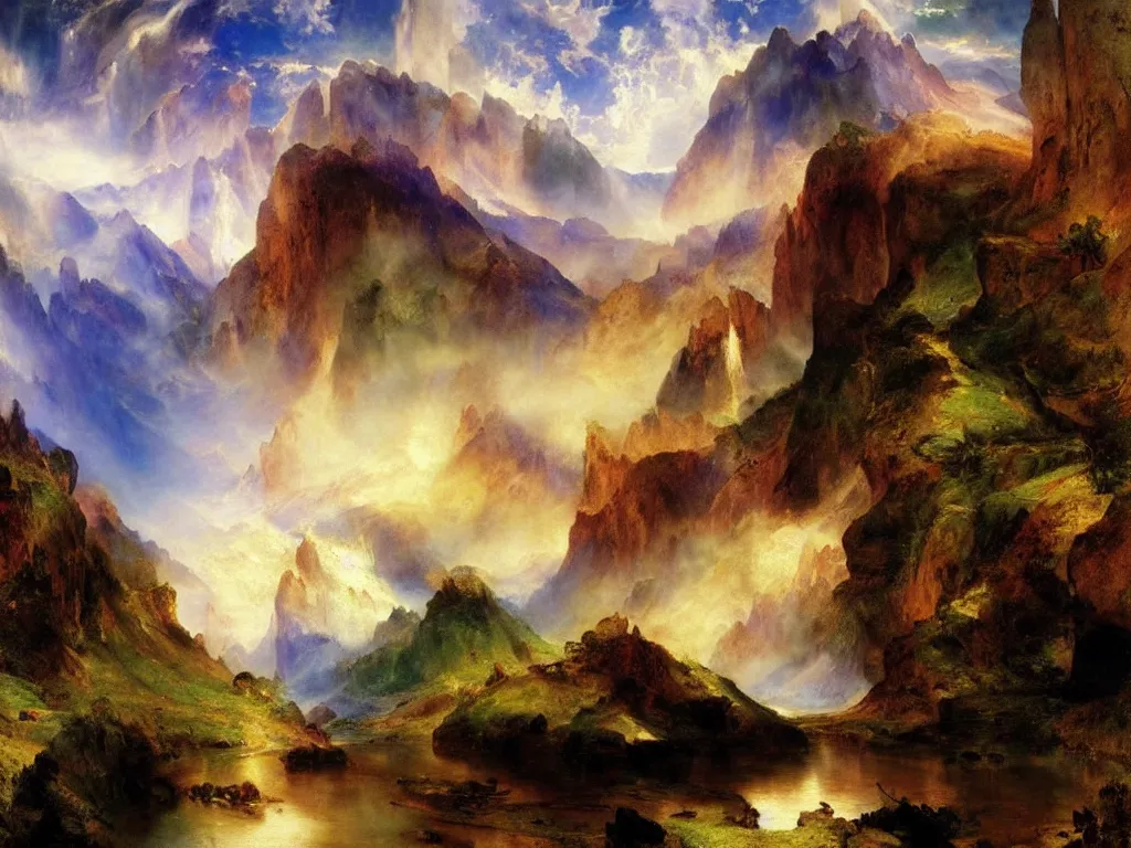Image similar to a beautiful landscape painting by thomas moran, trending on arstation