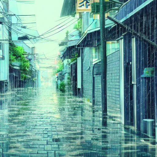 Image similar to anime tokyo residential quiet street scenery only wallpaper aesthetic, rainy scene, beautiful, dreamy