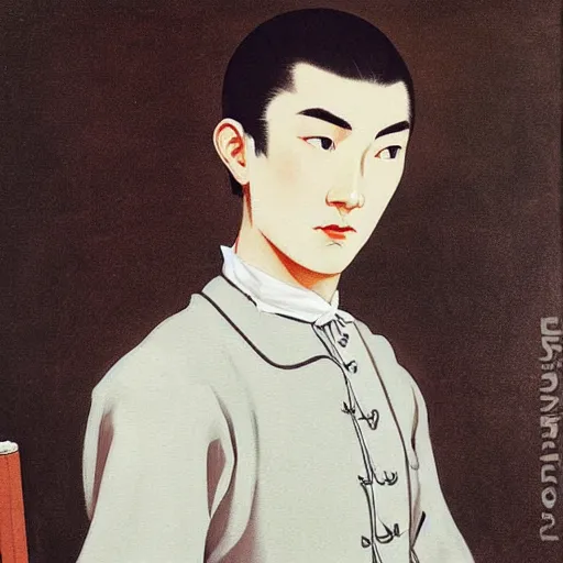 Image similar to painting of grumpy handsome beautiful man in his 2 0 s named min - jun in a french female maid outfit, modern clothing, elegant, clear, painting, stylized, delicate facial features, soft but grumpy, highly detailed, art, art by egon yamamoto