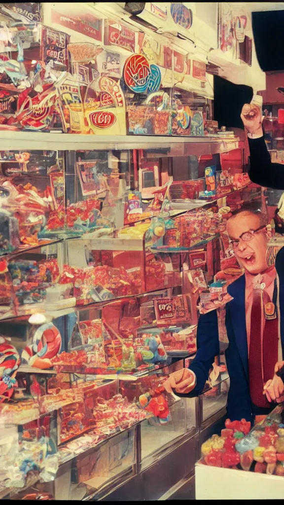 Image similar to closeup 6 0 s photo of a business man in a candy shop, kodachrome