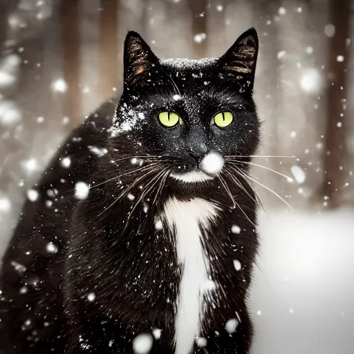 Prompt: Award winning photo of a black cat in a snowy forest at afternoon, lens flare, bokeh, telephoto