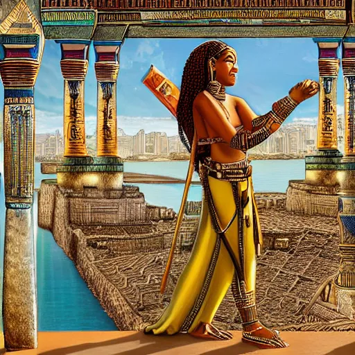 Image similar to a fijian queen looks down on her city from the palace balcony, fantasy art on an egyptian wall