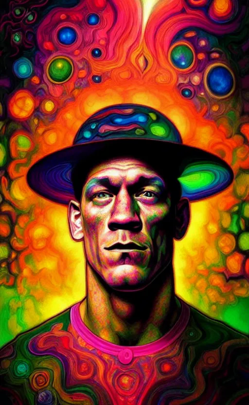 Image similar to An extremely psychedelic celestial John Cena in his black fedora hat, colorful, surreal, dramatic lighting, magic mushrooms, psilocybin, LSD, face, detailed, intricate, elegant, highly detailed, digital painting, artstation, concept art, smooth, sharp focus, illustration, art by Krenz Cushart and Artem Demura and alphonse mucha