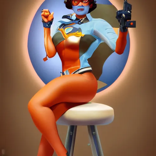Prompt: a alberto vargas illustration of overwatch's tracer in a office, in style of a 1 9 5 0's pinup art, cinematic composition, award winning art, octane render, assymetrical, artwork by alberto vargas