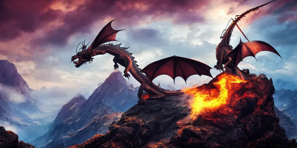 Image similar to A dragon breathing fire on the top of a mountain, epic composition, detailed and intricate image, cinematic, 4K