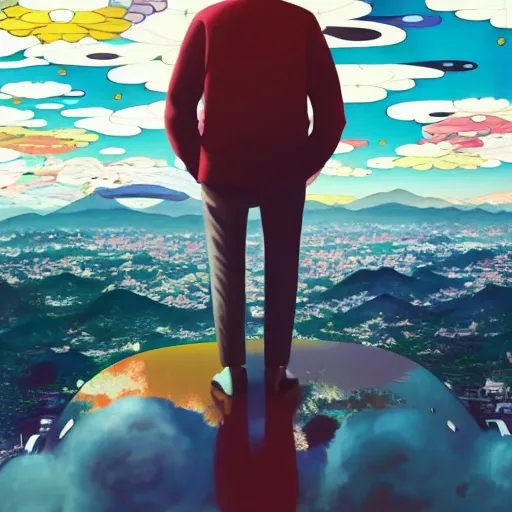 Image similar to a man walking on clouds away from the camera above kyoto by takashi murakami, beeple and james jean, aya takano color style, 4 k, super detailed, modern, 4 k, symmetrical