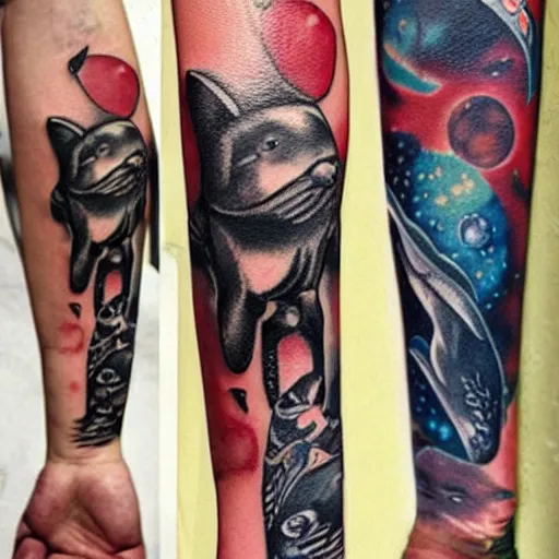 Image similar to old school tattoo of a Rabbit glock in its paws, riding on a killer whale through space traditional American tattoo by Sailor Jerry