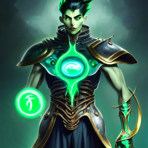 Prompt: a man with dark green hair, green glowing eyes that look like a clock, high detail clothing, fantasy, elegant, highly detailed, digital painting, artstation, concept art, smooth, sharp focus, illustration, artbook, dynamic pose, splash art, promo art, soul caliber, art by artgerm and greg rutkowski and bo chen and jin xiaodi