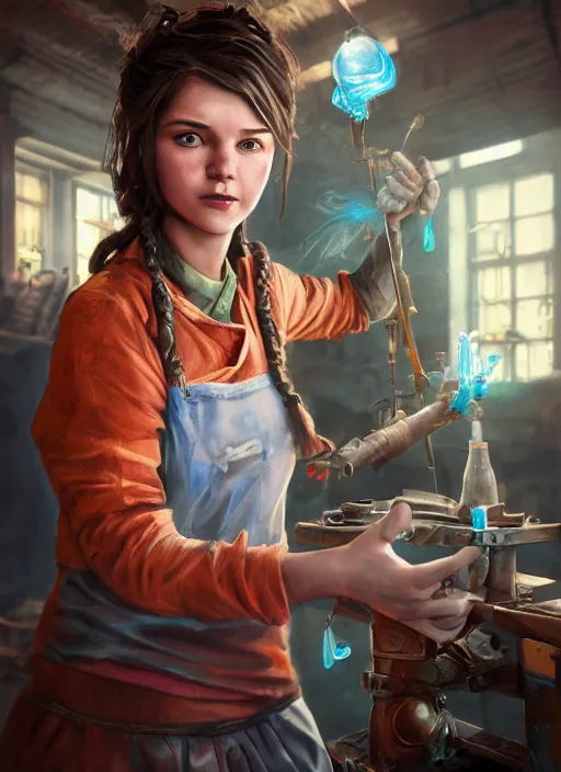 Image similar to An epic fantasy comic book style portrait painting of a young tinker girl working on a device in her workshop, unreal 5, DAZ, hyperrealistic, octane render, cosplay, RPG portrait, dynamic lighting