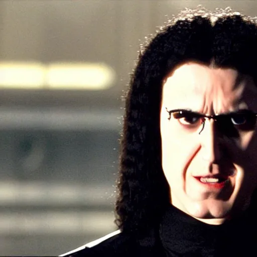 Prompt: a film still of weird al starring as neo in the matrix