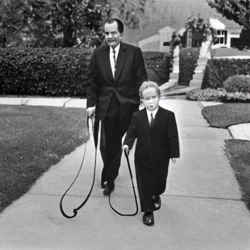 Prompt: Richard Nixon being walked on a leash by the grim reaper, 4k