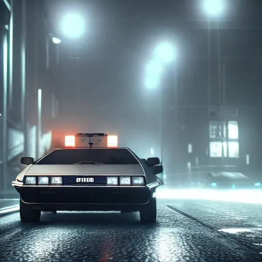 Image similar to hyperdetailed, photorealistic photograph of a dmc 1 2 delorean driving in the streets, rain, night, dense fog, hd, unreal engine 5