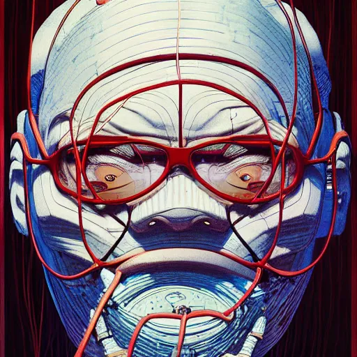 Image similar to old man with mask and wires, soft light painted by james jean and katsuhiro otomo and erik jones, inspired by akira anime, smooth face feature, intricate oil painting, high detail illustration, sharp high detail, manga and anime 1 9 9 9