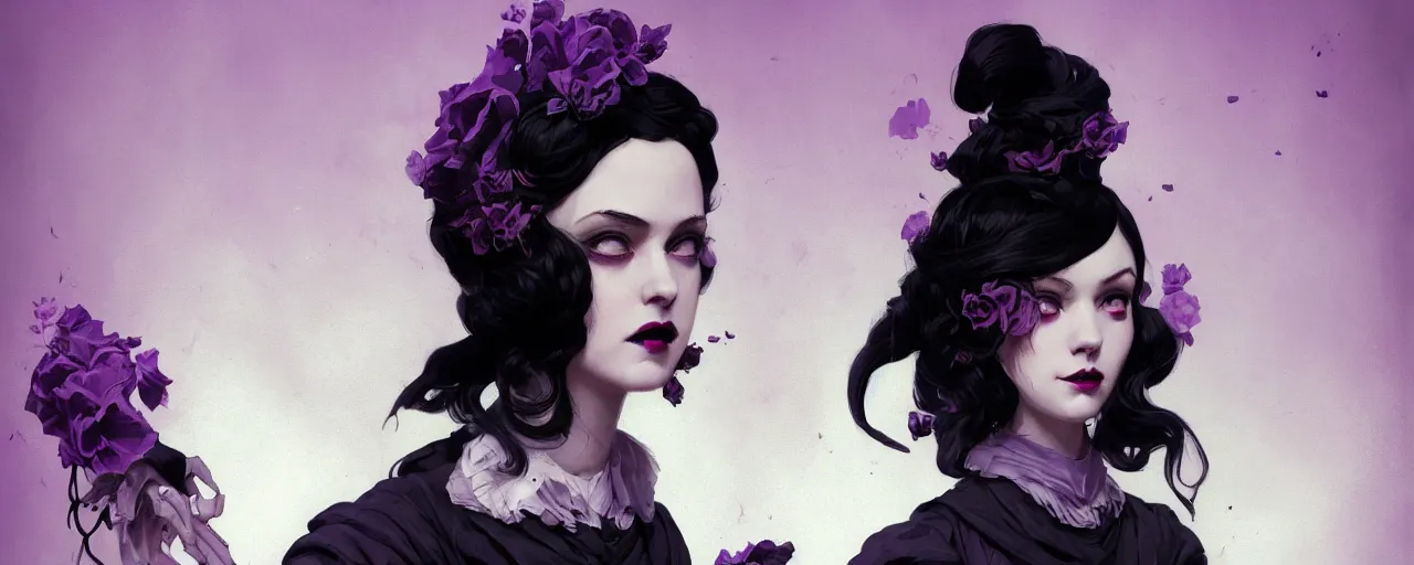 Image similar to duotone dark lilac background noir illustration 3 / 4 portrait of iris von everec black hair in black gothic victorian furneal clothes. eatheral dreamy atmosphere dynamic composition by sachin teng and sergey kolesov and ruan jia and heng z. graffiti art, scifi, fantasy, hyper detailed. octane render. concept art. trending on artstation