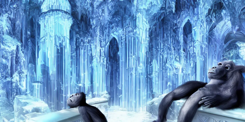 Prompt: Blue gorilla sleeping in a gothic ice castle, panoramic view, anime style