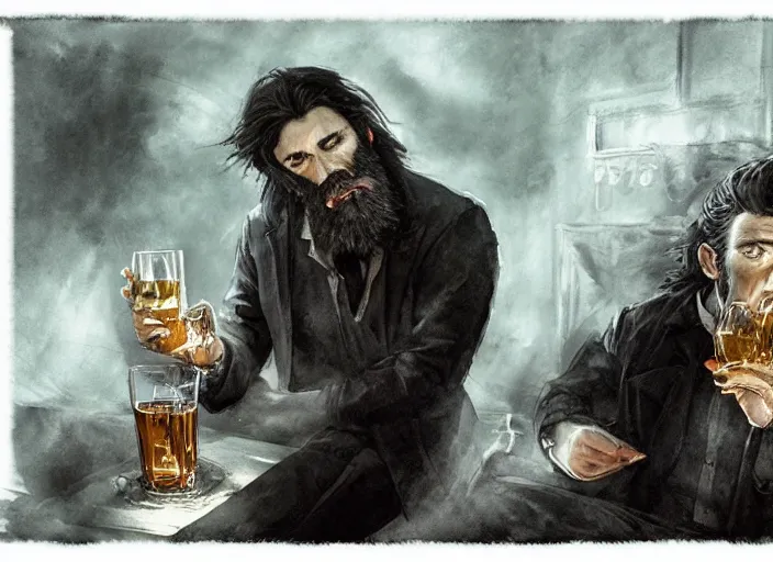 Image similar to A handsome Frenchman with beard and long black hair toasting with the devil drinking whiskey, watercolor, dramatic lighting, cinematic, establishing shot, extremely high detail, foto realistic, cinematic lighting, digital art, vector, by Yoshitaka Amano, Ruan Jia, Kentaro Miura, Artgerm, post processed, concept art, artstation, matte painting, style by eddie mendoza, raphael lacoste, alex ross