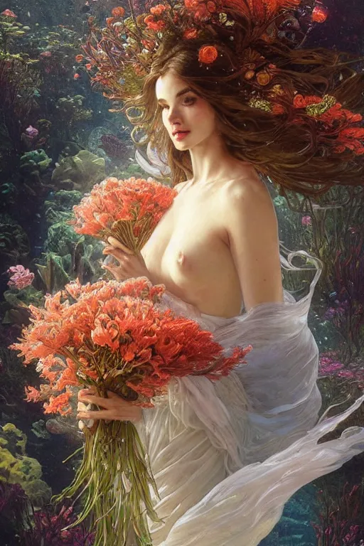 Image similar to portrait of a beautiful mysterious woman holding a bouquet of flowing flowers, hands hidden under the bouquet, submerged underwater filled with coral reef, fantasy, regal, intricate, by stanley artgerm lau, greg rutkowski, thomas kindkade, alphonse mucha, loish, norman rockwell