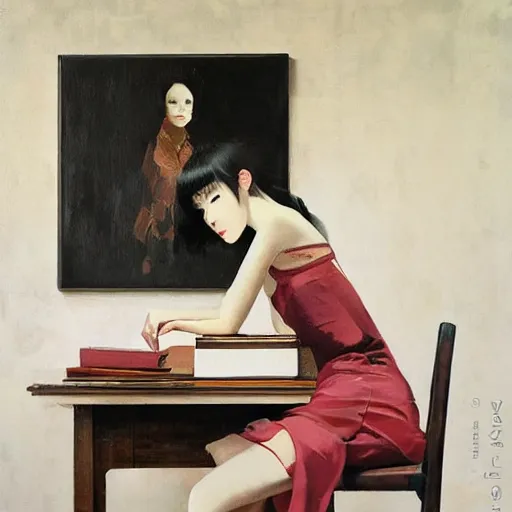 Image similar to oil painting by wlop, conrad roset, coby whitmore, of a youthful japanese beauty sitting on antique chair leaning against a desk, sideview, victorian room