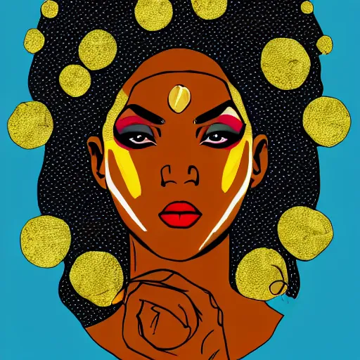 Prompt: black woman, afrofuturist, cell shaded, comic book style art, gold jewelry, simple face paint, retro, simple, 3/4 shot