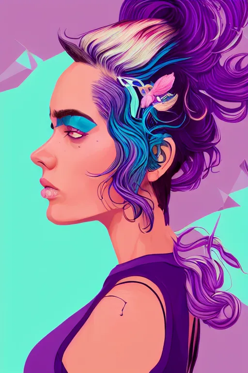 Prompt: a award winning half body porttrait of a beautiful woman in a croptop with ombre purple pink teal hairstyle with head in motion and hair flying by sandra chevrier, outrun, vaporware, illustration, digital art, trending on artstation, highly detailed, fine detail, intricate