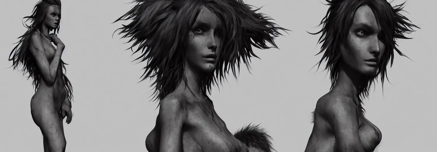 Image similar to epic fantasy render of a beautiful skinny woman body, dark hairs, fur, black and white, highly detailed, digital painting, cinematic, hyperrealism, dynamic lighting, artstation, octane render, cgsociety