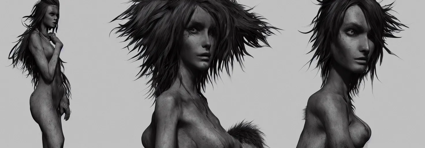 Prompt: epic fantasy render of a beautiful skinny woman body, dark hairs, fur, black and white, highly detailed, digital painting, cinematic, hyperrealism, dynamic lighting, artstation, octane render, cgsociety