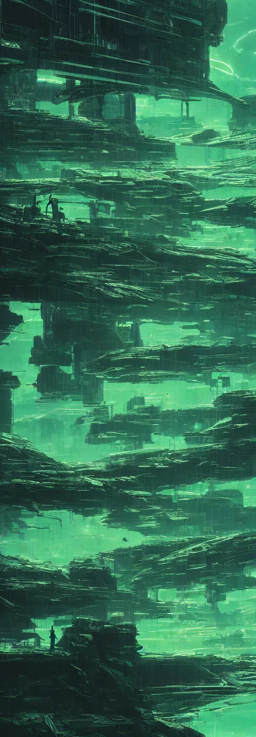 Image similar to reflective waves, cyberpunk texture, green coloring, by studio ghibli and greg rutkowski