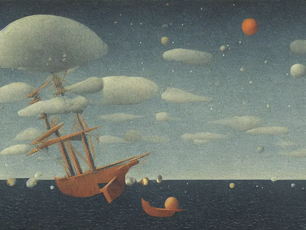 Image similar to wooden ship on the dark sea with meteor showers. painting by bosch, rene magritte