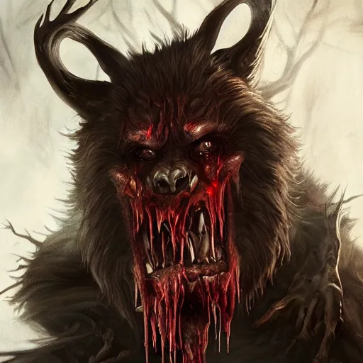 Image similar to Dark Fantasy Painting of a werewolf with blood dripping from its mouth, creepy, unsettling, horror, upper body, intricate, wild, highly detailed, digital painting, artstation, concept art, smooth, sharp focus, illustration, art by artgerm and greg rutkowski and alphonse mucha