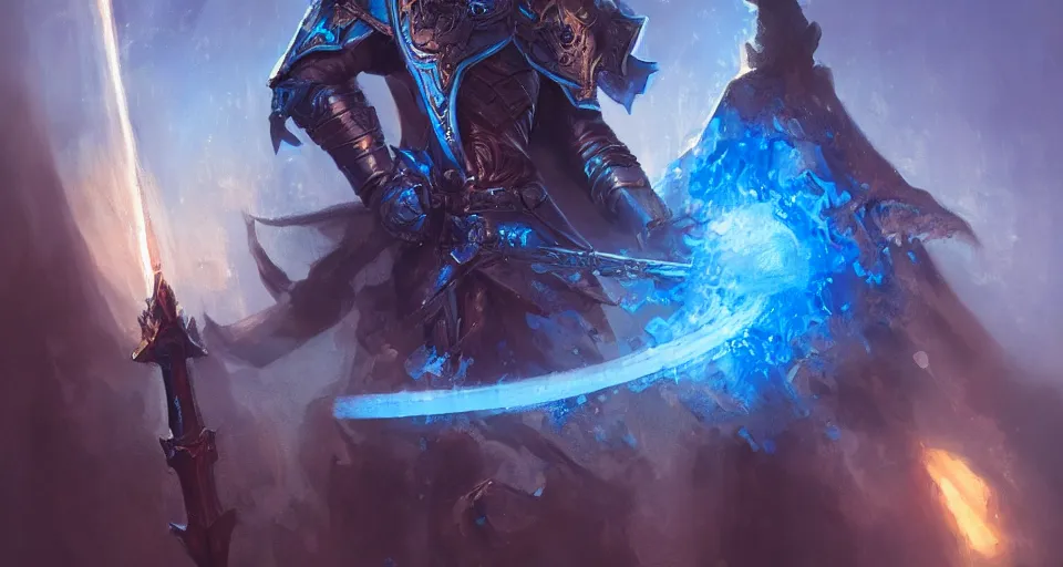 Prompt: fantasy paladin wielding a sword with blue flames, intricate baroque armour, glowing aura, trending on artstation, 4 k, greg rutkowski, concept art, matte painting