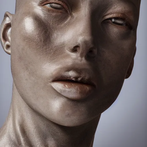 Image similar to a beautiful face sculpted from raw meat and rare earth metals, studio lighting, photorealistic