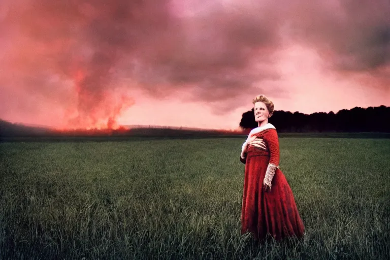 Image similar to a cinematic headshot portrait of a frozen middle aged woman stood in a field, field on fire, ultra realistic, depth, beautiful lighting, by annie leibovitz