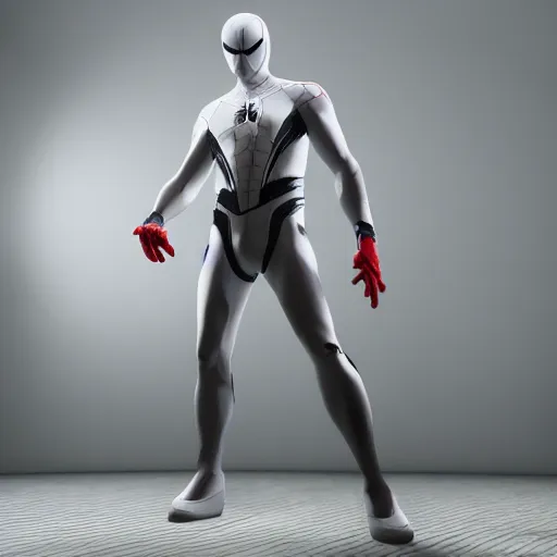 Image similar to white spider - man suit with black web lining, cinematic, volumetric lighting, realistic, hyperdetailed, photorealistic, photograph