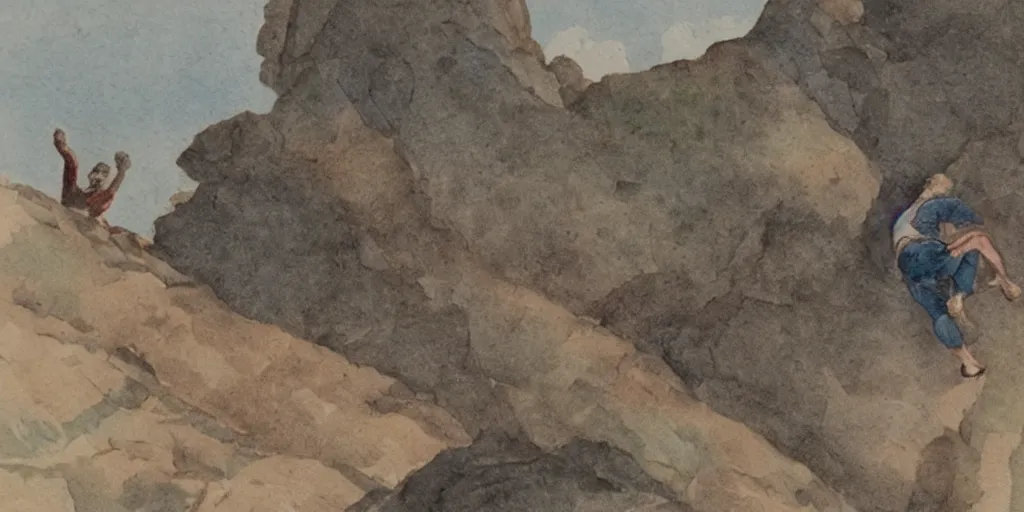 Image similar to antique watercolour painting of man climbing mountain