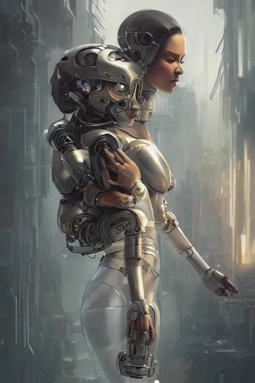 Image similar to Ultra realistic illustration, robot woman carrying a baby (baby with eyes closed), cyberpunk, sci-fi, fantasy, intricate, elegant, highly detailed, digital painting, artstation, concept art, smooth, sharp focus, illustration, art by artgerm and greg rutkowski and alphonse mucha