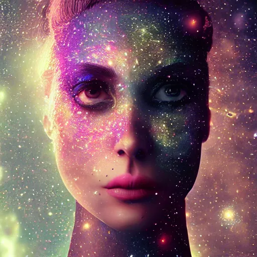 Image similar to woman portrait made out of galaxies, beautiful, cyborg, tim burton comic book art, realistic, highly detailed, octane render