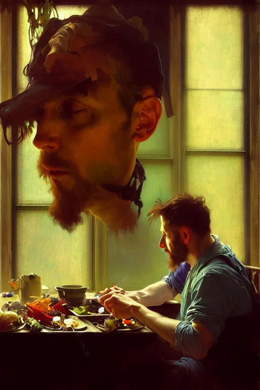 Image similar to hyperrealist portrait of a man eating dinner. by jeremy mann and alphonse mucha, fantasy art, photo realistic, dynamic lighting, artstation, poster, volumetric lighting, very detailed faces, 4 k, award winning