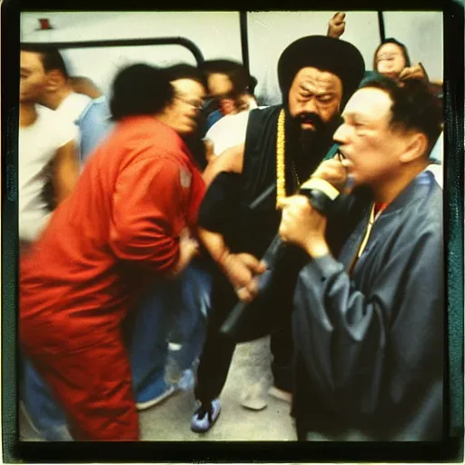 Image similar to Confucius at a rap battle, 90s polaroid, by Saul Leiter, Jamel Shabazz, Nan Goldin