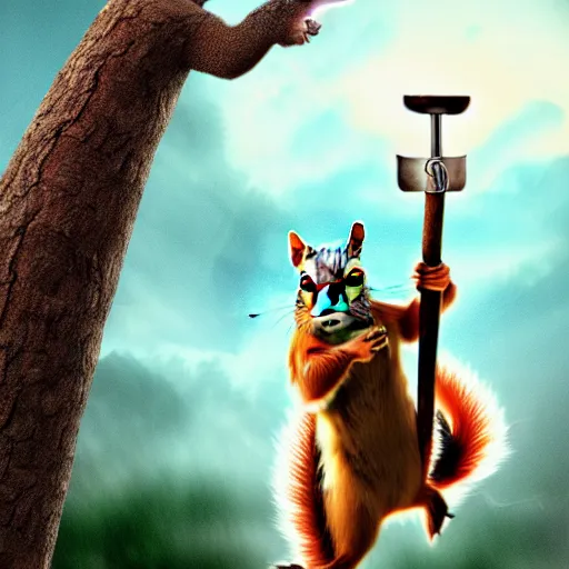 Image similar to the squirrel thor ~ holding his hammer ~ dramatic thunder background ~ fighting scene ~