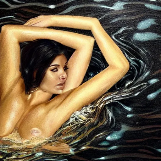 Image similar to photorealistic portrait of a beautiful brunette drowning into black waters with a golden dress