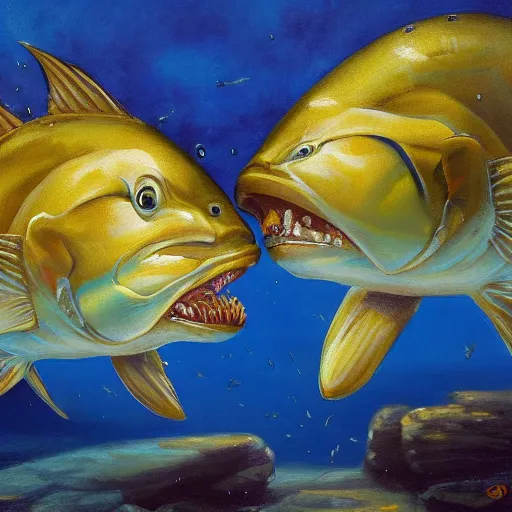 Image similar to two cods talking to eachother in deep sea, art by mark arian