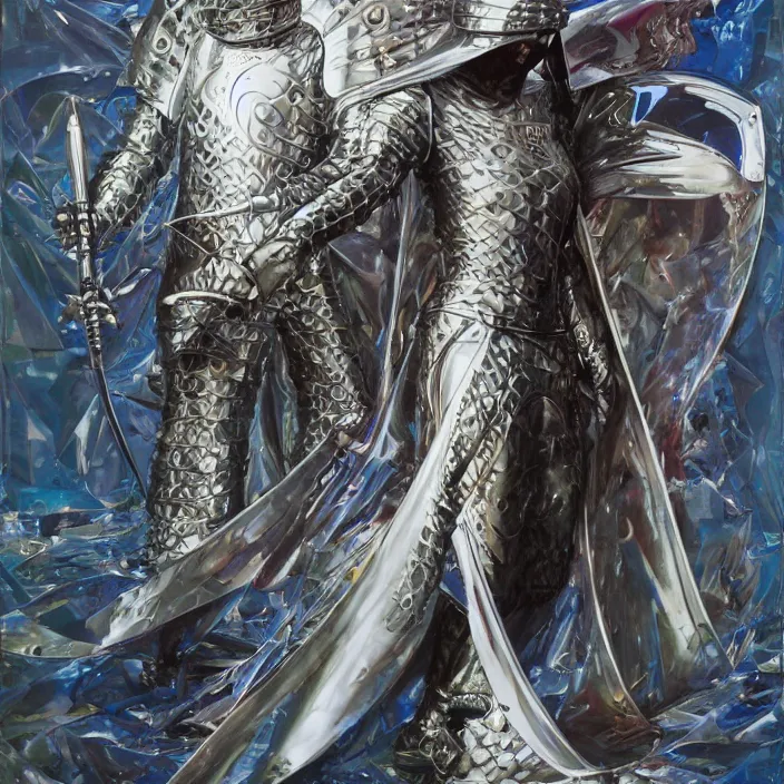 Image similar to teutonic knight, full body, high fashion, latex, futurist, aerodynamic, metallic, sharp, flowing, slick, highly detailed, motion, concept art, smooth, sharp focus, hd, art by alex grey and john berkey and annie leibovitz