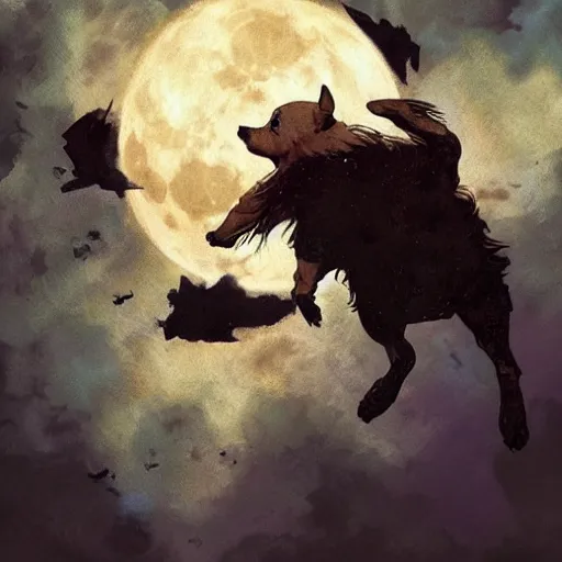 Image similar to chihuahua flying to the moon, dramatic lighting, illustration by greg rutkowski, yoji shinkawa, 4 k, digital art, concept art, trending on artstation