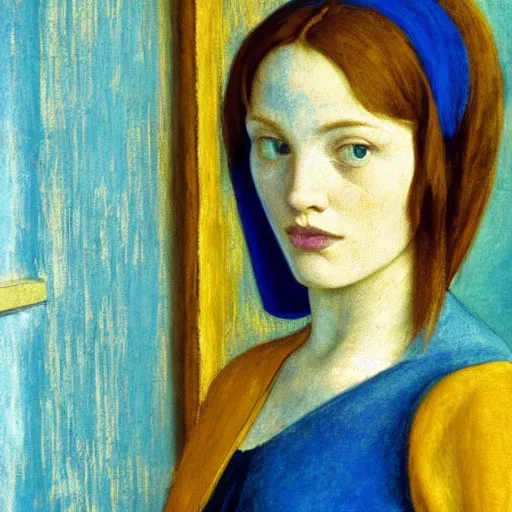 Image similar to close up of a girl in a blue and gold haunted liminal abandoned room, film still by edward hopper, by Pontormo, by klimt, art noveau, highly detailed, strong lights, liminal, eerie, Bright pastel colors, Byzantine icon