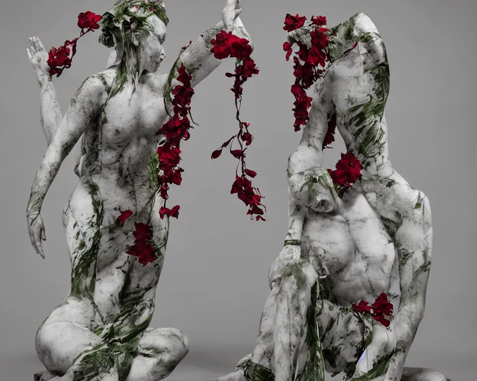 Image similar to intrincate carrara marble red green and white statue of Oblivium Blossom Goddess made by Kris Kuksi and HR Giger and Lois Greenfield